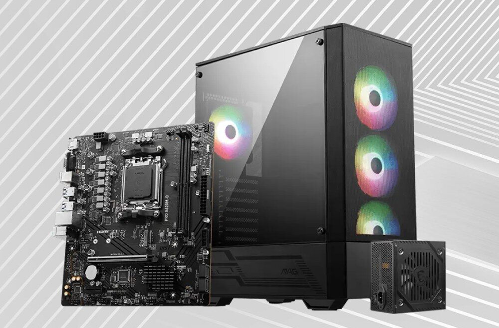 Płyta główna MSI Pro A620M-B Płyta główna zaprezentowana obok obudowy komputerowej i zasilacza