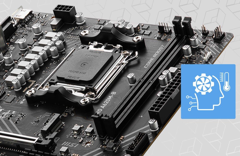Płyta główna MSI Pro A620M-B Zbliżenie na elementy płyty głównej z ikoną symbolizującą inteligentne chłodzenie