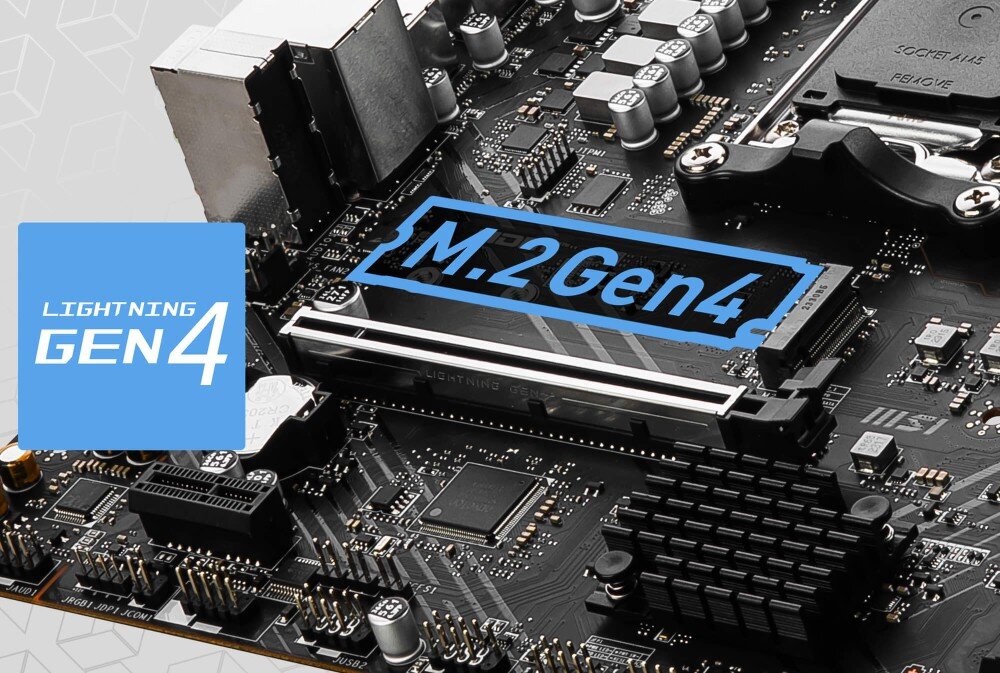Płyta główna MSI Pro A620M-B Slot na dysk M.2 wyróżniony niebieską ramką z napisem Lightning Gen 4