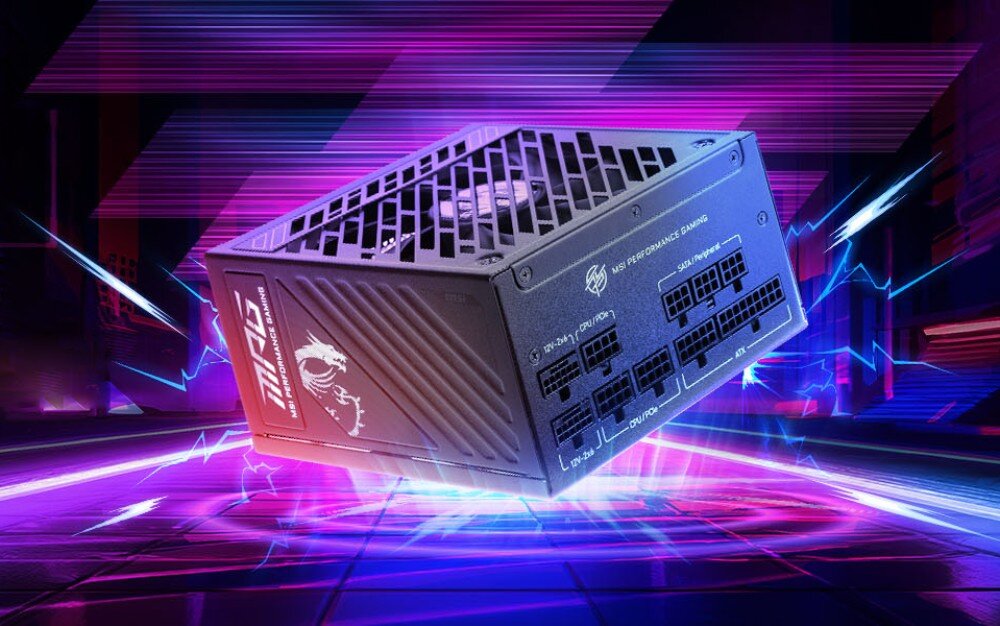 Zasilacz MSI MPG A850GS Zasilacz komputerowy unoszący się w przestrzeni na fioletowym tle, widoczny od strony wentylatora i bocznego panelu złącz