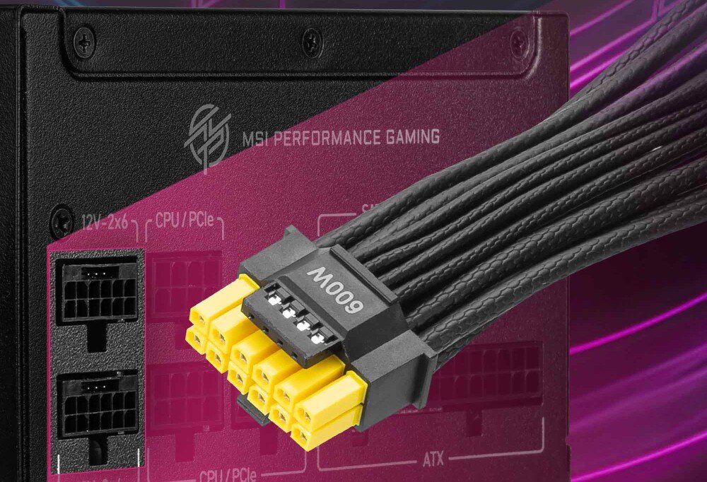Zasilacz MSI MPG A850GS Zbliżenie na panel modułowy zasilacza z podłączonymi dwoma przewodami o żółtych końcówkach wtyczek oznaczonych jako 600W