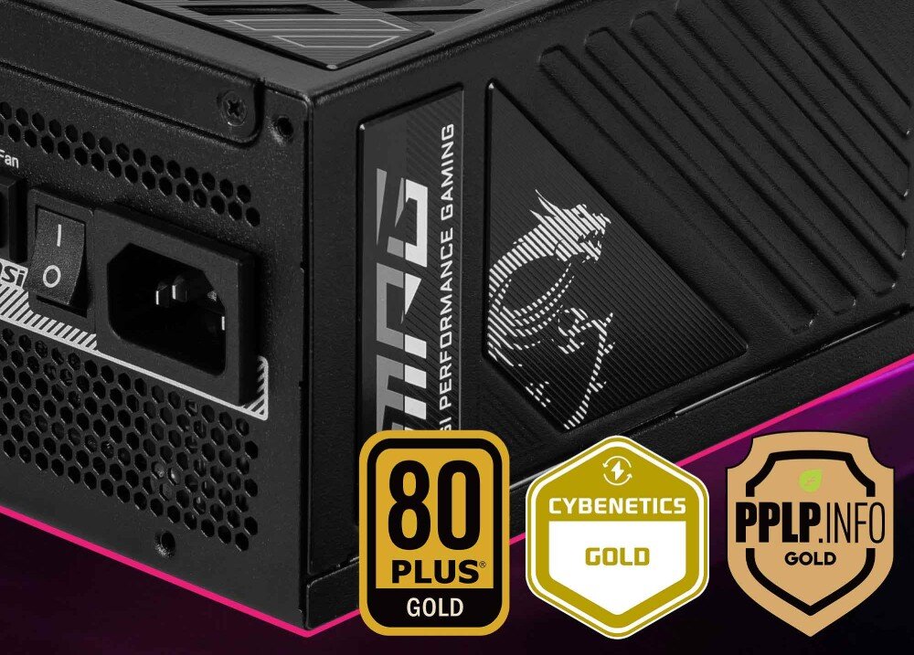 Zasilacz MSI MPG A850GS Narożnik obudowy zasilacza z logotypem serii MPG oraz trzema złotymi odznakami certyfikatów sprawności energetycznej
