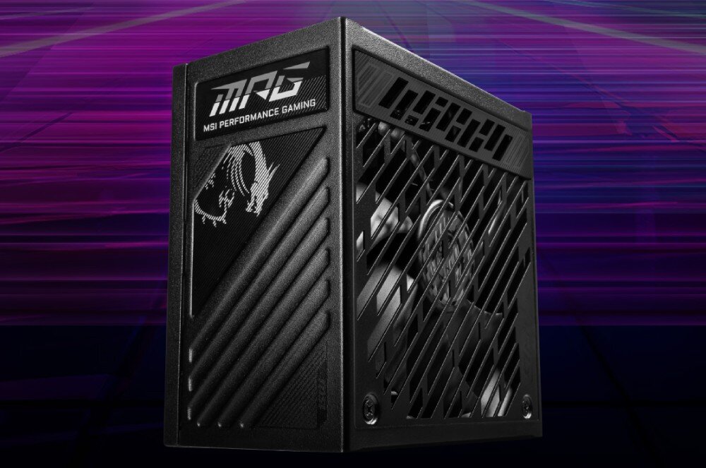 Zasilacz MSI MPG A1000GS Zasilacz stojący pionowo na ciemnym tle, prezentujący boczny panel z geometrycznymi wzorami i podświetlonym logotypem smoka