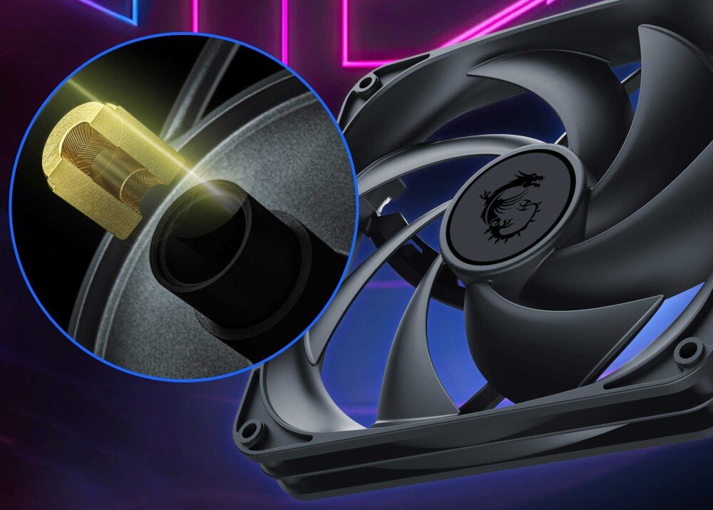 Zasilacz MSI MPG A1000GS Wizualizacja przekroju wentylatora ukazująca wnętrze łożyska hydrodynamicznego z mosiężnymi elementami i logo smoka na wirniku