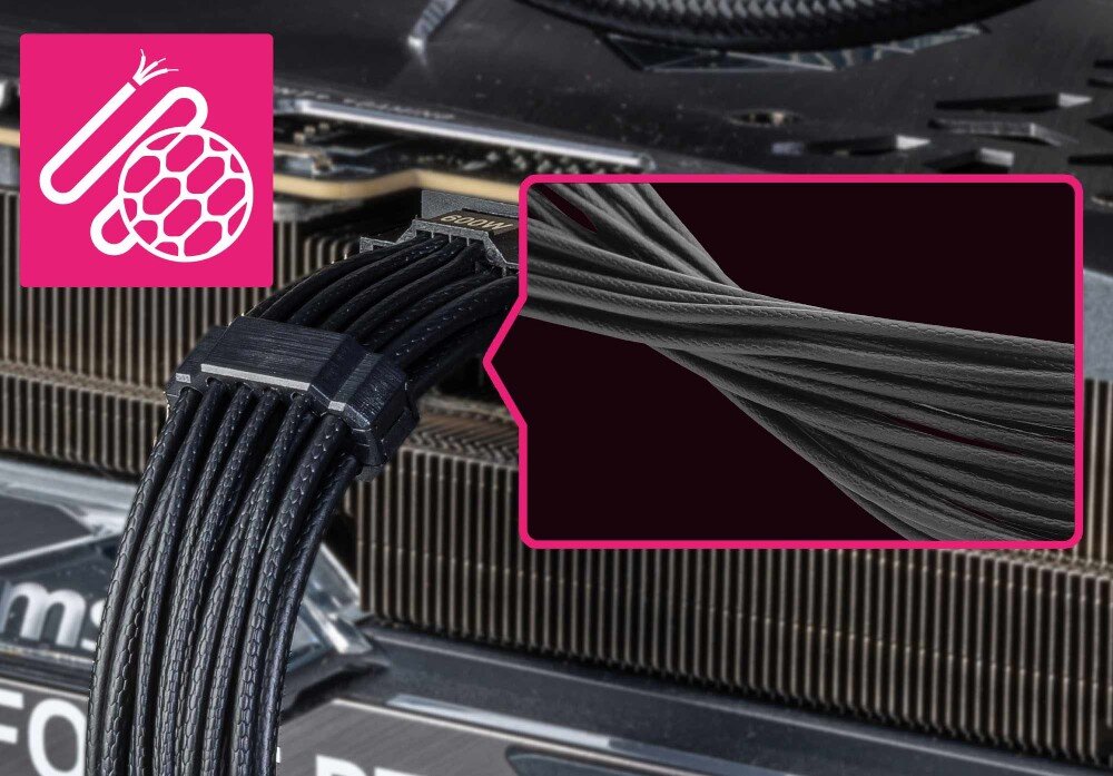 Zasilacz MSI MPG A1000GS Zbliżenie na czarne kable w oplocie z różową ramką ukazującą ich szczegółową strukturę oraz ikoną przekroju przewodu w rogu