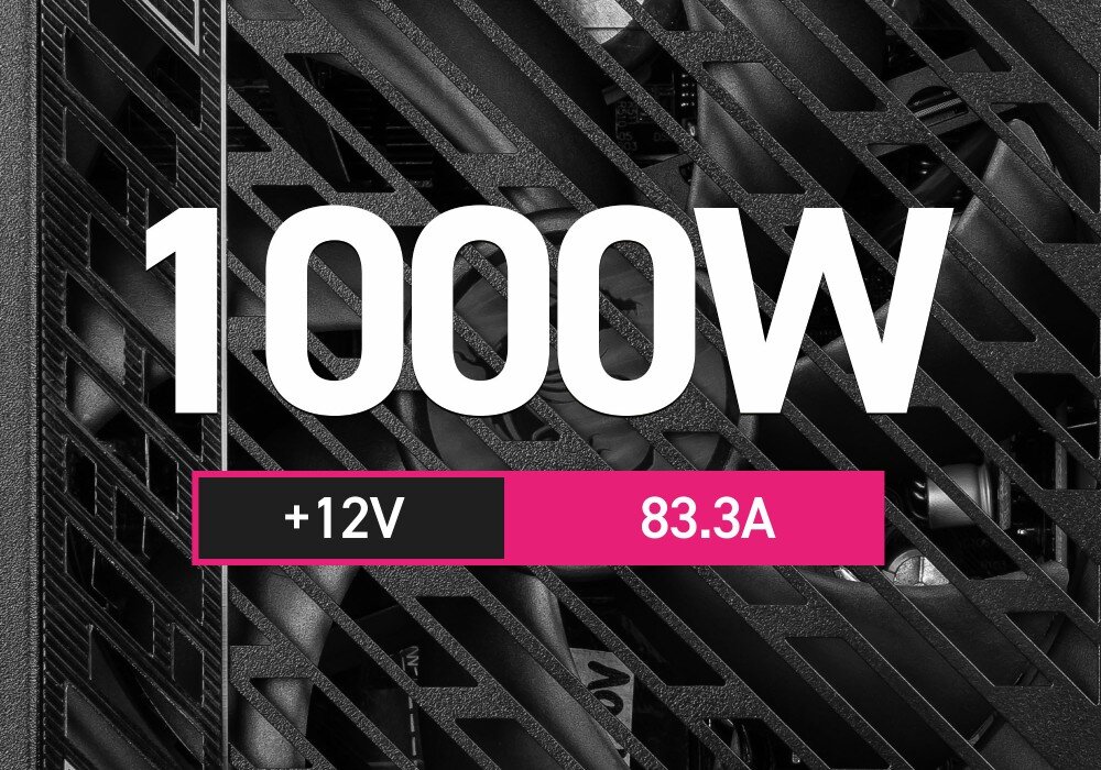 Zasilacz MSI MPG A1000GS Czarna kratka wentylatora zasilacza z dużym białym napisem '1000W' oraz informacją o natężeniu 83.3A na linii 12V