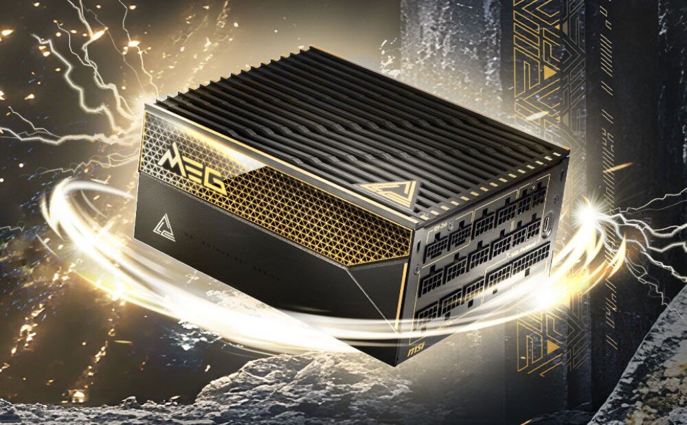 Zasilacz MSI MEG Ai1600T Zasilacz komputerowy ukazany w perspektywie na tle grafiki z efektami wyładowań elektrycznych