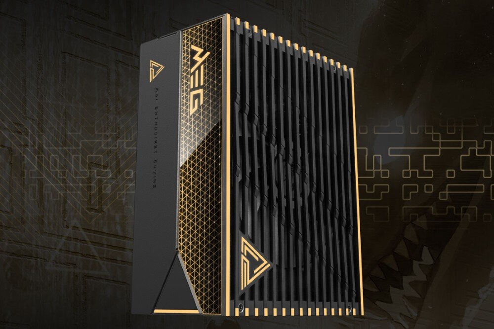 Zasilacz MSI MEG Ai1600T Pionowe ujęcie obudowy zasilacza prezentujące charakterystyczny grill wentylatora i geometryczne wzory na boku