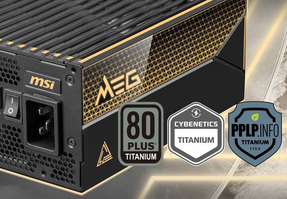 Zasilacz MSI MEG Ai1600T Czarny zasilacz komputerowy ze złotymi akcentami oraz trzema odznakami certyfikatów sprawności energetycznej Titanium