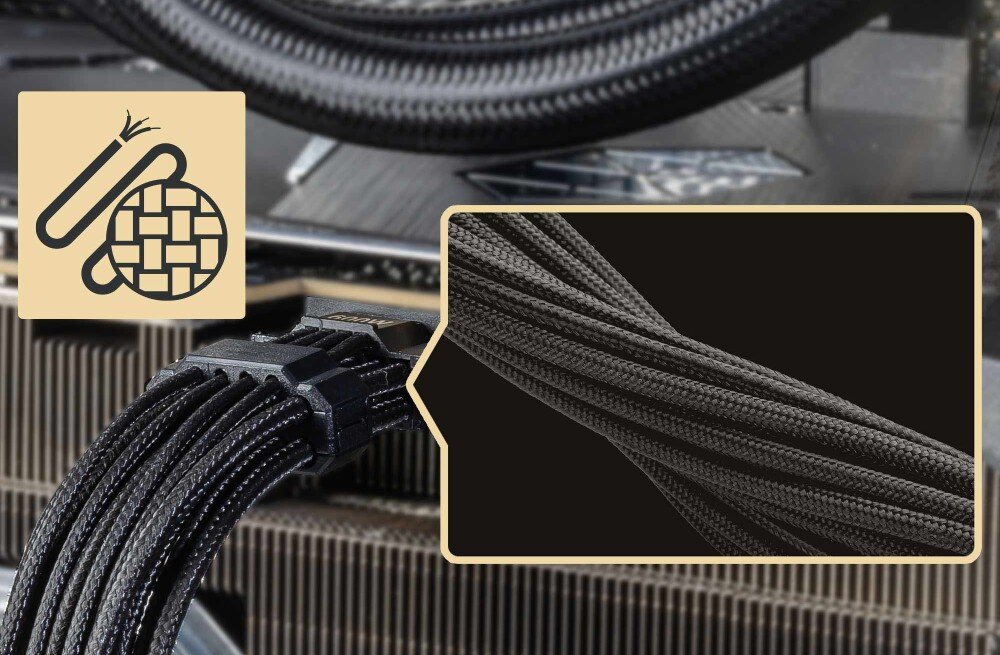 Zasilacz MSI MEG Ai1600T Wiązka czarnych przewodów z grafiką lupy powiększającą strukturę gęstego splotu oplotu kabla