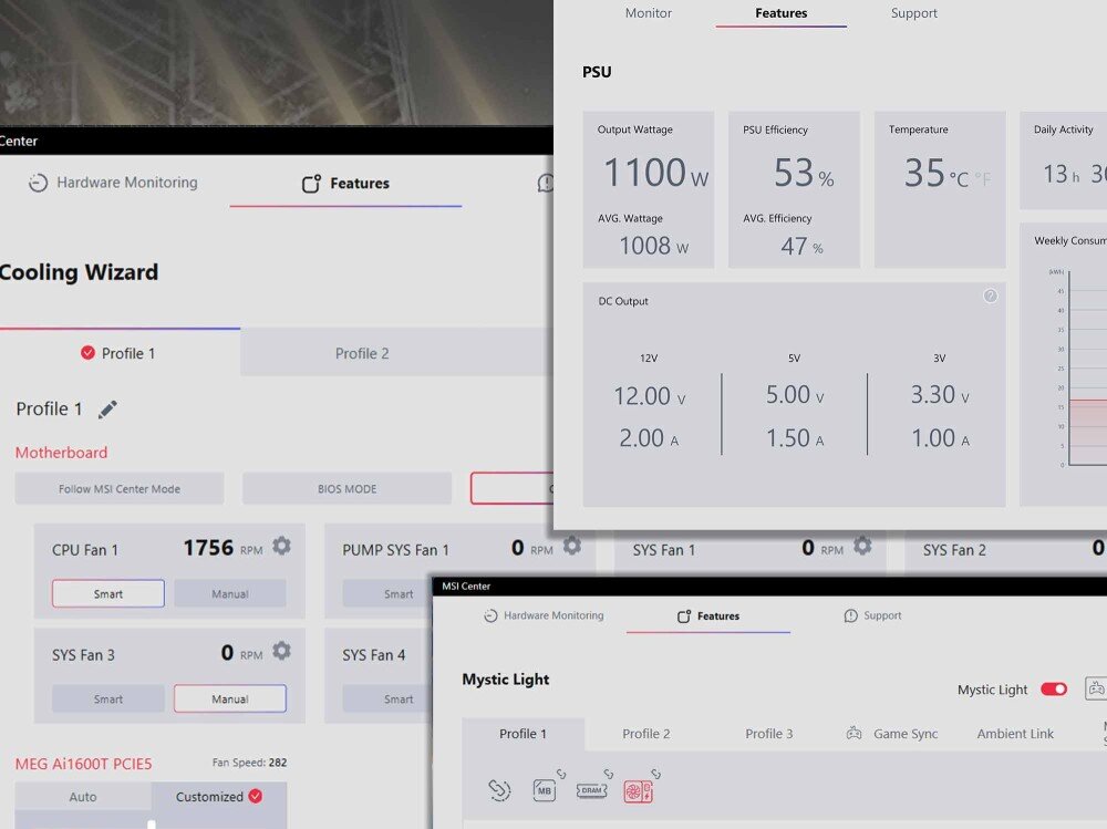 Zasilacz MSI MEG Ai1600T Zrzuty ekranu oprogramowania systemowego prezentujące monitoring parametrów sprzętowych oraz ustawienia chłodzenia i podświetlenia