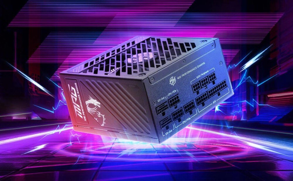 Zasilacz MSI MPG A1250GS Zasilacz unoszący się nad cyfrowym podłożem z widocznym panelem w pełni modularnych złącz i wentylatorem u góry