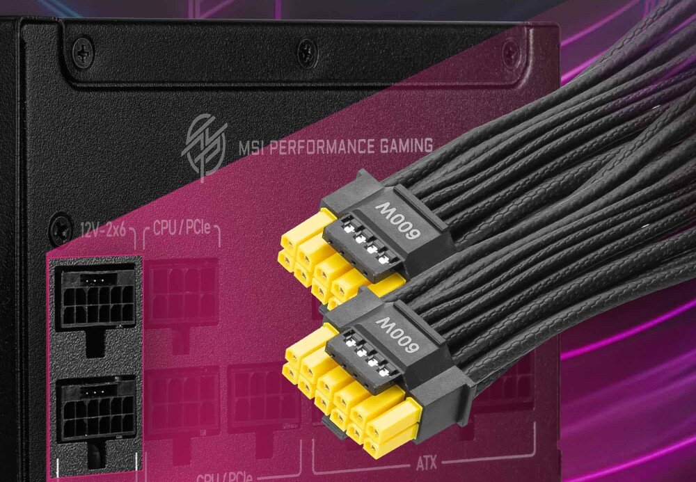 Zasilacz MSI MPG A1250GS Dwie wtyczki przewodu 12V-2x6 z żółtymi elementami styków na tle panelu z gniazdami modułowymi zasilacza