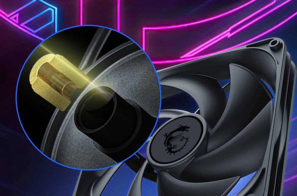 Zasilacz MSI MPG A1250GS Wizualizacja przekroju łożyska hydrodynamicznego wentylatora z widocznymi elementami wnętrza w kolorze złotym i miedzianym