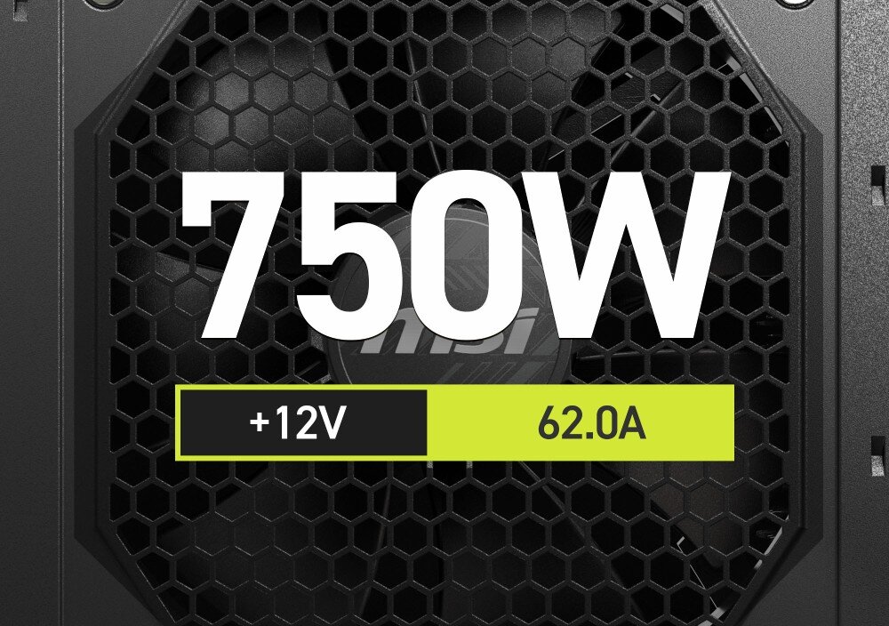Zasilacz MSI MAG A750GL II Siatka wentylatora zasilacza z wyraźnym napisem '750W' i informacją '+12V 62.0A', na środku widoczne logo 'msi', konstrukcja, topologia, zabezpieczenia