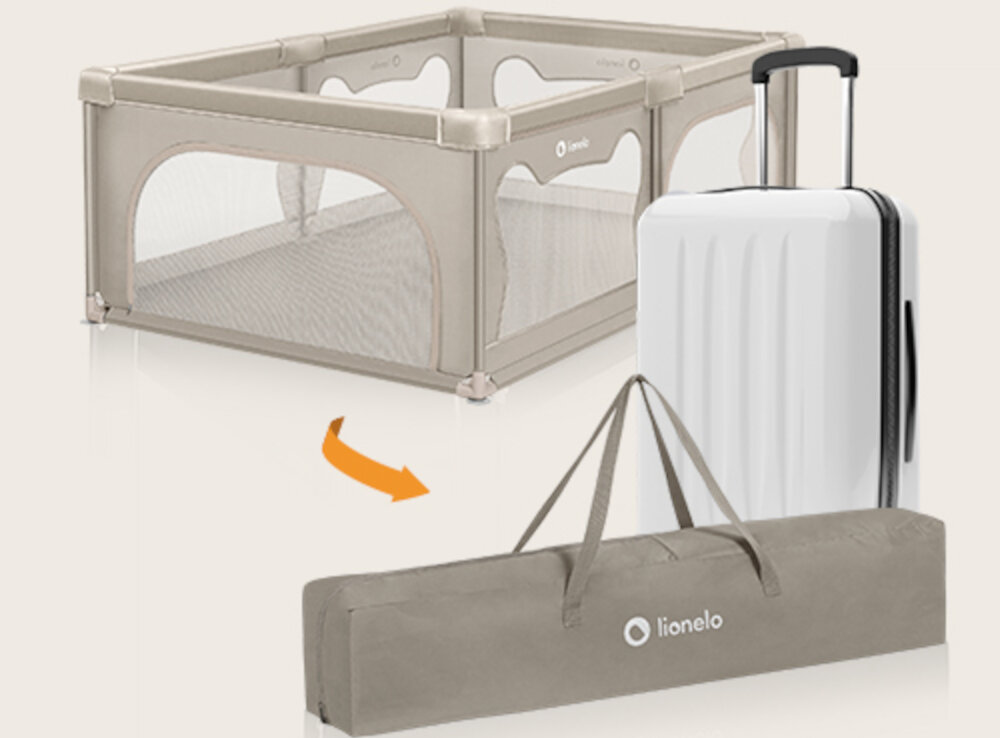 Kojec LIONELO Willow Beige Sand Łatwe składanie i przenoszenie zajmuje niewiele miejsca dołączona torba transportowa