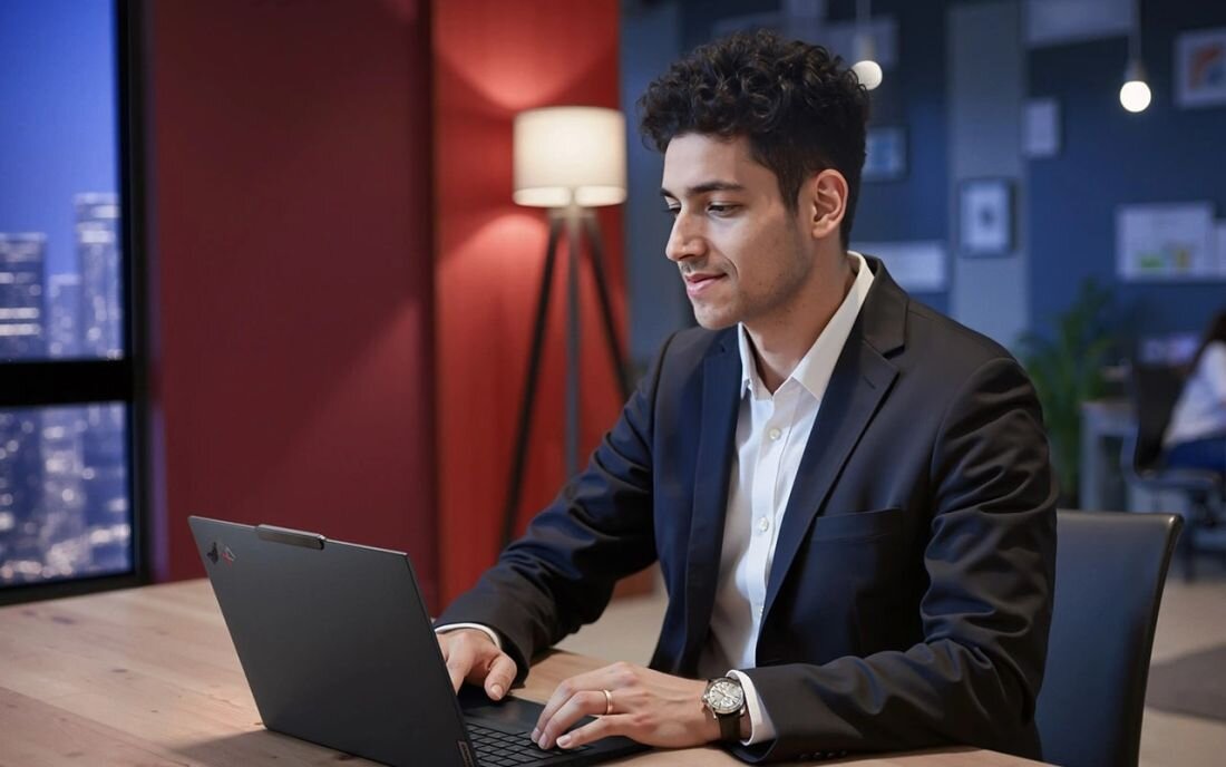 Osoba pracuje przy laptopie Lenovo ThinkPad w nowoczesnym biurze, wykorzystując sprzęt do profesjonalnych zadań. - przeznaczony dla profesjonalistów