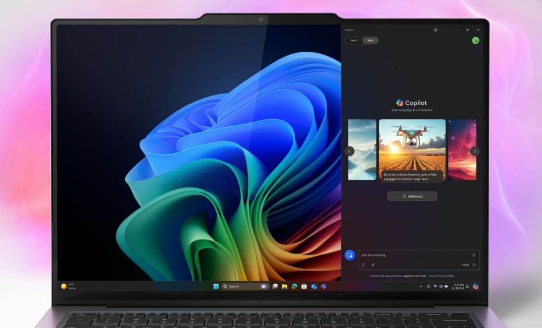 Laptop Lenovo ThinkPad z asystentem Windows 11 Copilot AI wyświetlającym sugestie graficzne na ekranie - Copilot+ PC 