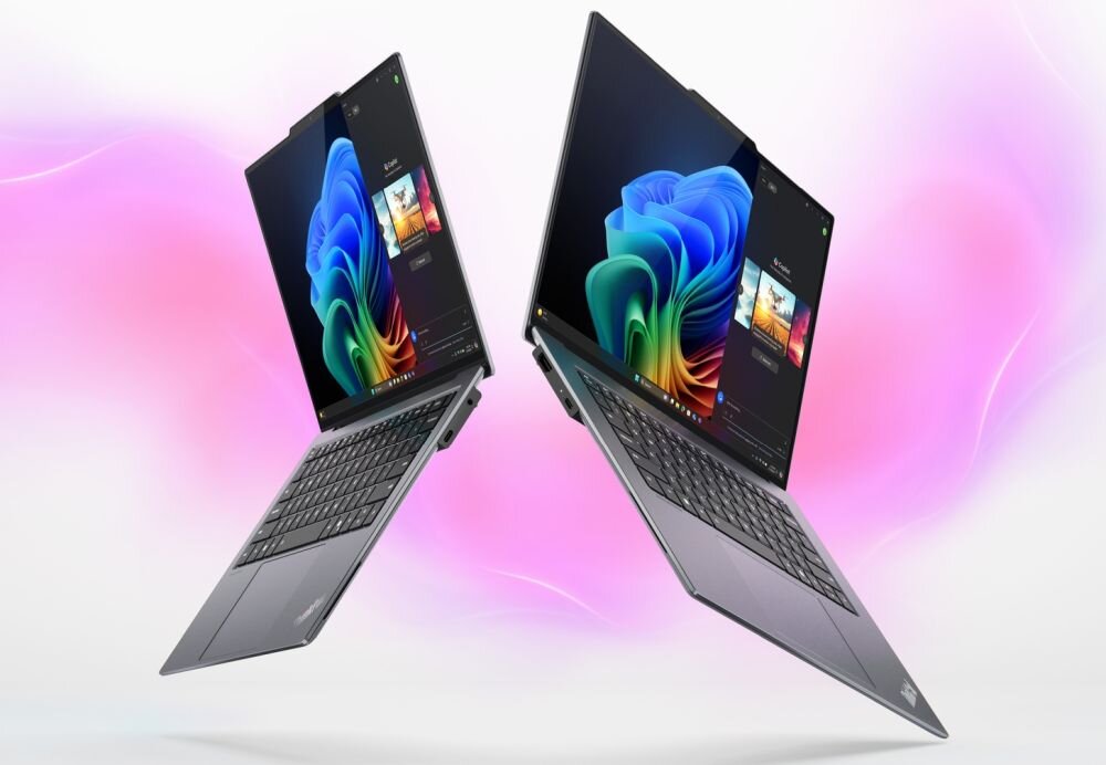 Dwa laptopy Lenovo ThinkPad z ekranami dotykowymi 2w1 na fioletowym tle z tapetą Windows - Opis serii ThinkPad X9 