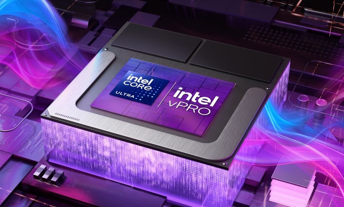 Wizualizacja procesora Intel Core Ultra z technologią Intel vPRO w kolorze fioletowym - Intel Core Ultra Pamięć LPDDR5x Dysk SSD 