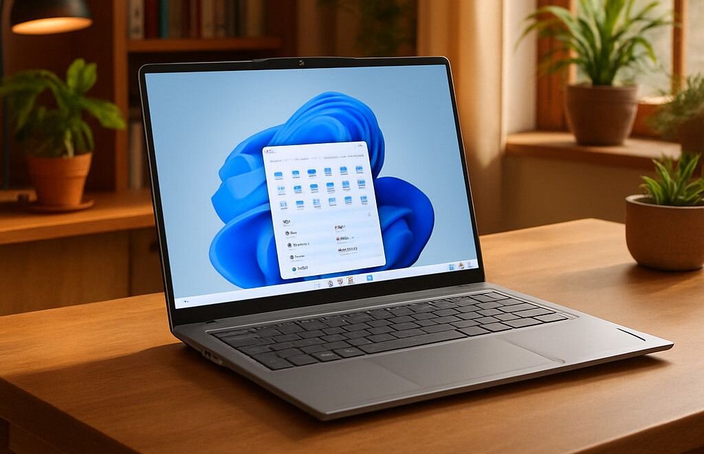 Laptop Lenovo ThinkBook 14 na drewnianym biurku w przytulnym biurze, na ekranie interfejs systemu Windows 11, w tle półki z książkami i rośliny doniczkowe, ciepła atmosfera pracy zdalnej.