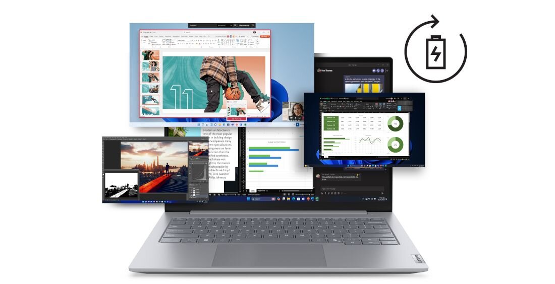 Laptop Lenovo ThinkBook 14 z wizualizacją wielozadaniowości – na ekranie unoszą się okna aplikacji do edycji wideo, prezentacji i analizy danych, z ikoną baterii symbolizującą długi czas pracy. -  bateria 45 Wh, Rapid Charge Pro