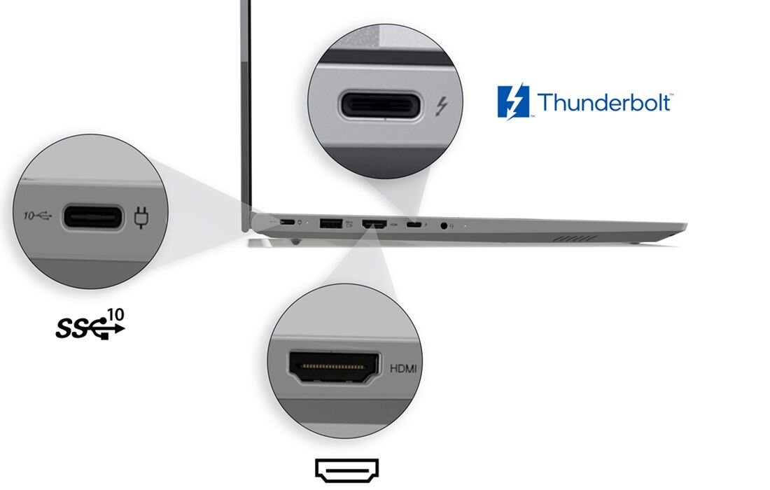 Porty i złącza w laptopie Lenovo ThinkBook 16 – szczegółowy widok prawej i lewej strony z opisanymi portami Thunderbolt 4, USB-A, HDMI, gniazdem audio, czytnikiem kart SD oraz przyciskiem zasilania w srebrnej obudowie, z ikonami SSG 10 i Thunderbolt na białym tle. - HDMI, USB-A, USB-C  