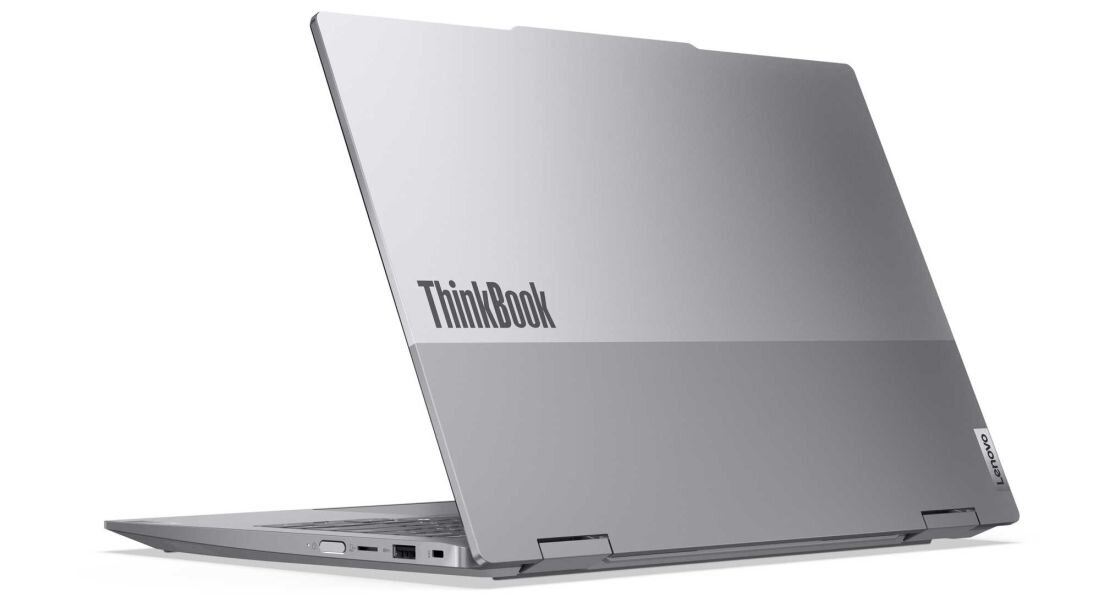 Laptop Lenovo ThinkBook 14 2-in-1 w kolorze Luna Grey z zamkniętą pokrywą, widok z tyłu na elegancką, srebrną obudowę z logo ThinkBook i Lenovo, smukły profil podkreślający premium design i mobilność urządzenia. - elegancka obudowa Luna Grey