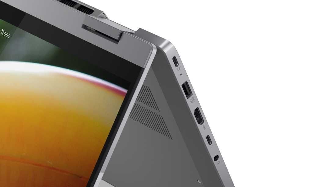 Porty i złącza w laptopie Lenovo ThinkBook 14 2-in-1 – szczegółowy widok prawej i lewej strony z opisanymi portami USB-C, USB-A, HDMI, gniazdem audio, czytnikiem kart microSD i przyciskiem zasilania w srebrnej obudowie na białym tle. - HDMI 2.1 USB-C 3.2 Gen 2  USB-A