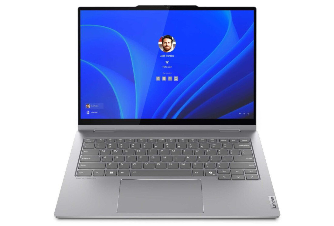 Laptop Lenovo ThinkBook 14 2-in-1 z ekranem logowania Windows 11 prezentującym profil użytkownika Jack Purton z opcjami logowania biometrycznego, w tym rozpoznawaniem twarzy i odcisków palców, podkreślający funkcje bezpieczeństwa Match-on-Chip. - czytnikiem linii papilarnych Match-on-Chip