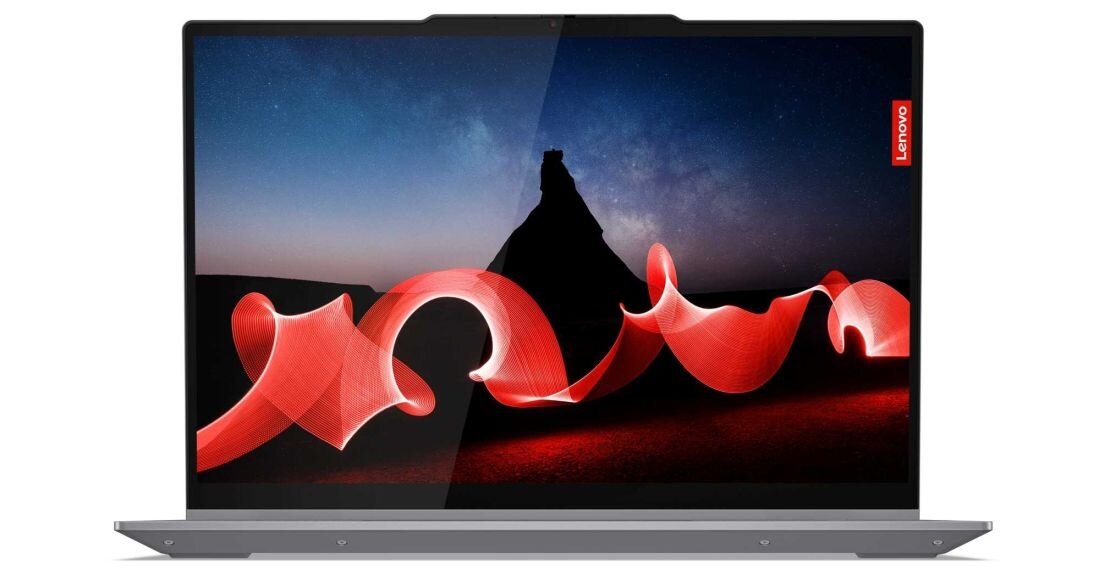 Laptop Lenovo ThinkBook 14 2-in-1 w srebrnej obudowie z ekranem WUXGA prezentującym nocny krajobraz z czerwonymi wstążkami świetlnymi unoszącymi się nad skalistą formacją na tle gwiaździstego nieba, podkreślający jakość wyświetlacza i możliwości graficzne. - WUXGA (1920 x 1200 px)IPS Corning Gorilla Glass