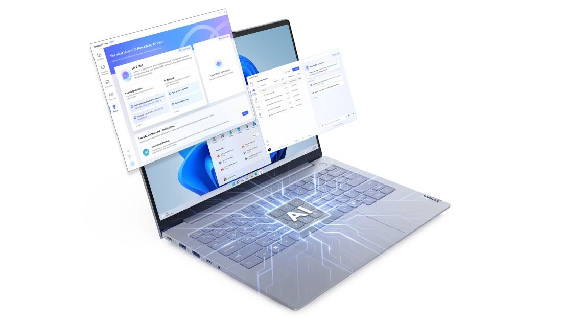 Laptop Lenovo ThinkBook 14 z wizualizacją silnika Lenovo AI Engine, unoszące się okna aplikacji AI i czatu, podkreślający wielozadaniowość i inteligentne funkcje oprogramowania. - Intel AI Boost, LENOVO AI Engine