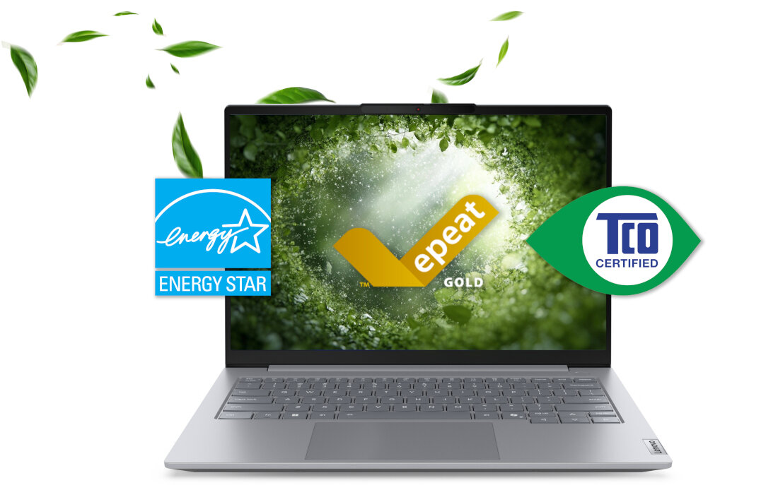 Laptop Lenovo ThinkBook 14 z certyfikatami ekologicznymi ENERGY STAR, EPEAT Gold i TCO, na ekranie zielony wir z liści, symbolizujący energooszczędność i zrównoważony rozwój . - ENERGY STAR EPEAT Gold TCO Certified