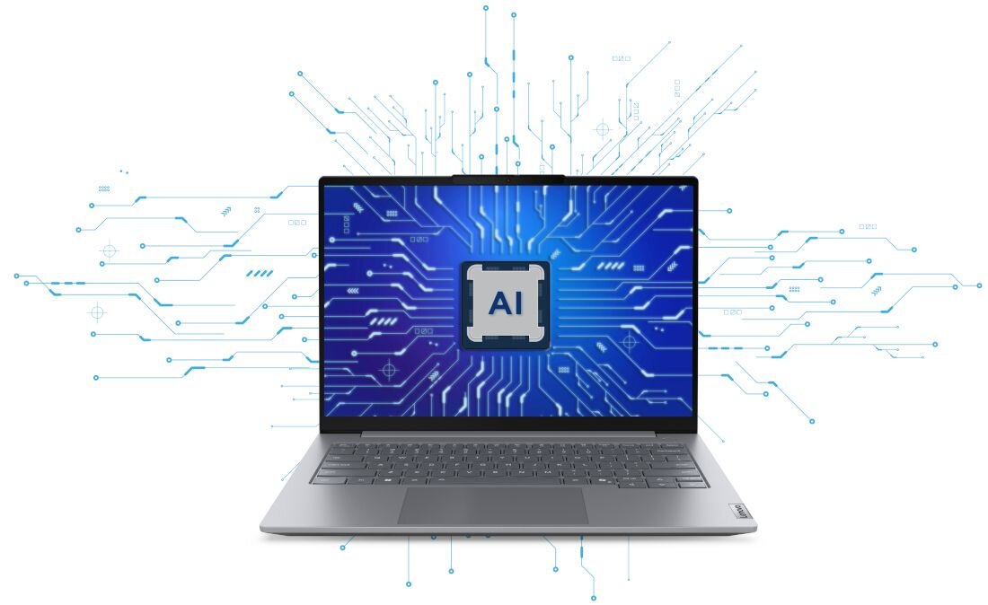 Laptop Lenovo ThinkBook 14 z wizualizacją procesora AI na ekranie, otoczony cyfrowymi liniami obwodów na białym tle, symbolizujący zaawansowane możliwości sztucznej inteligencji. - Intel AI Boost, NPU