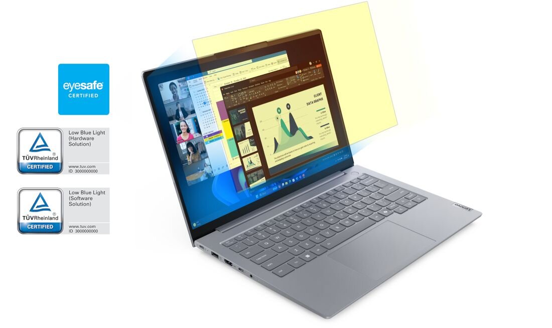 Laptop Lenovo ThinkBook 14 z ekranem WUXGA i certyfikatami TÜV Rheinland oraz Eyesafe, prezentujący technologię redukcji niebieskiego światła podczas pracy z prezentacją biznesową i wideokonferencją. - 14-calowy ekran o rozdzielczości WUXGA