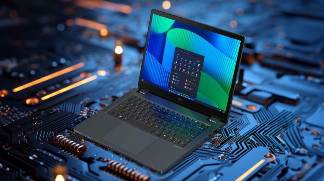 Obrazek przedstawia laptopa ACER TravelMate P4 Spin 14 na płycie głównej. - Intel Core Ultra, Intel UHD, RAM DDR5, dysk SSD