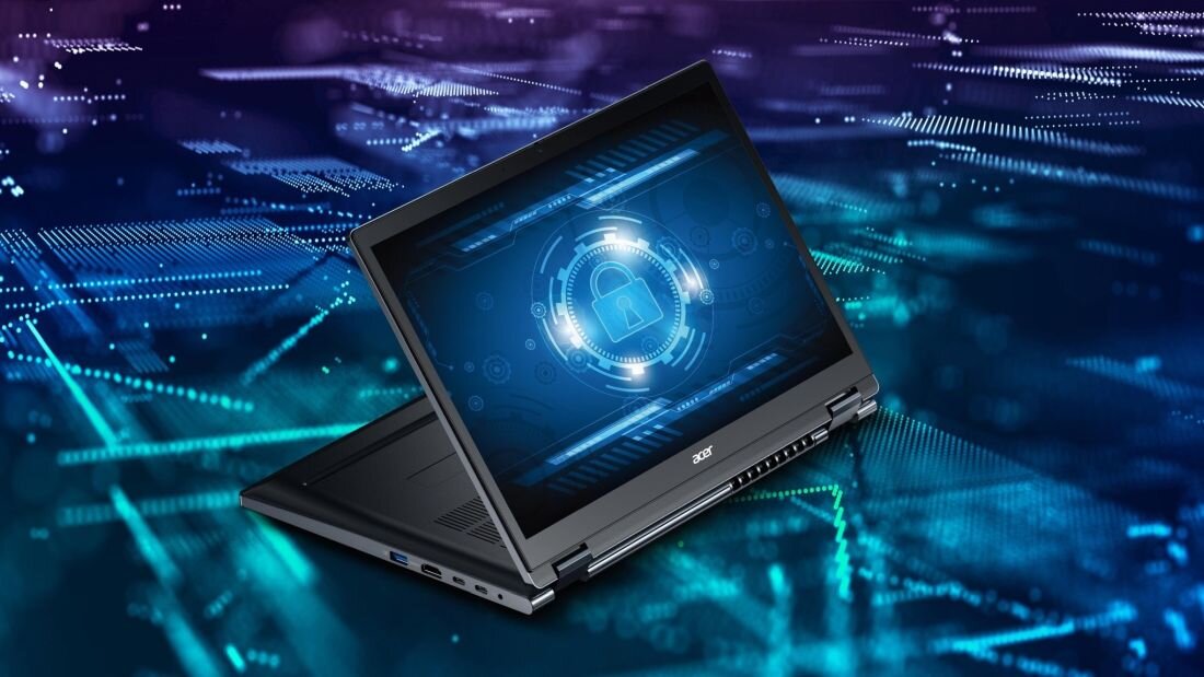 Laptop ACER TravelMate P4 Spin 14 o futurystycznym designie, dobry do pracy i rozrywki. Ochrona TPM 2.0 Czytnik kart inteligentnych