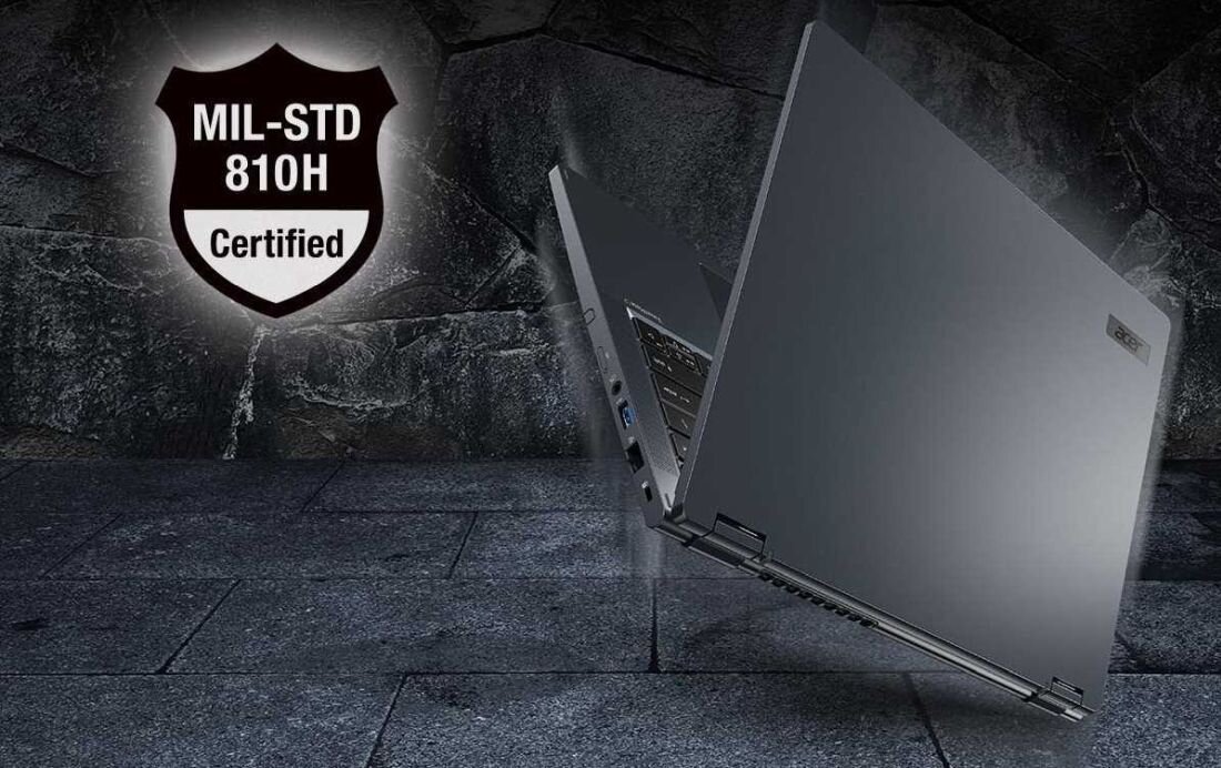 Laptop ACER TravelMate P4 Spin 14 z certyfikatem MIL-STD 810H, umieszczony na kamiennej podłodze. Wytrzymałość i ekologia, standard MIL-STD 810H