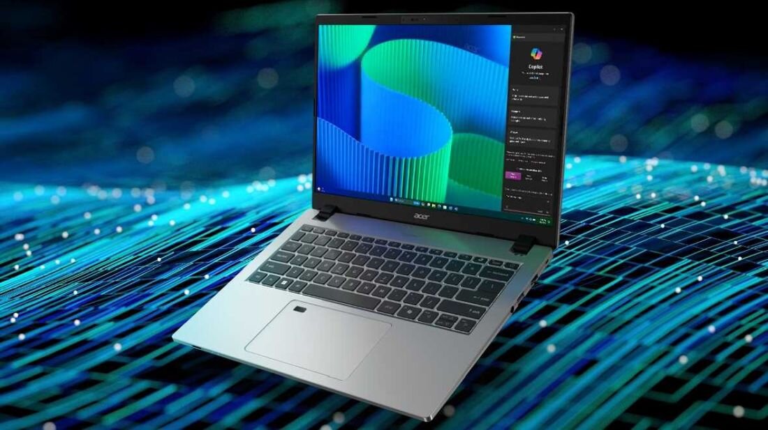 Laptop ACER TravelMate P2 na niebieskim tle z zielonym ekranem.  - Intel Core RAM SSD Graphics