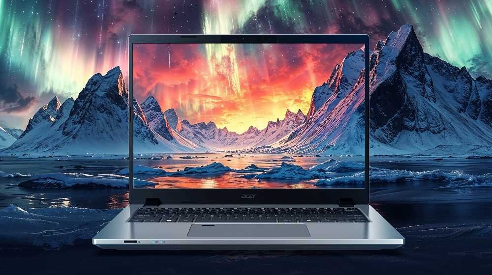 Laptop ACER TravelMate P2 z widokiem na zjawisko zorzy polarnej w tle. - wyświetlacz WUXGA, DTS Audio 