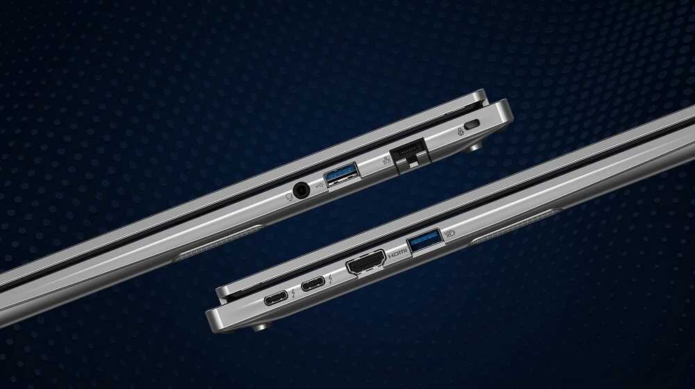 Dwa boki laptopa ACER TravelMate P2 na niebieskim tle. - Wi-Fi 6E HDMI USB Type-C z Thunderbolt 4 