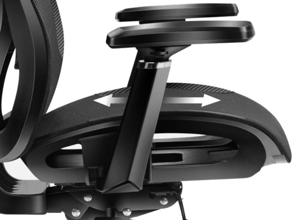 Fotel HUZARO Combat 7.3 Czarny prezentacja technologii Slide w siedzisku na białym tle regulacja przód–tył dostosowanie do długości ud i indywidualnych preferencji wygoda stabilność