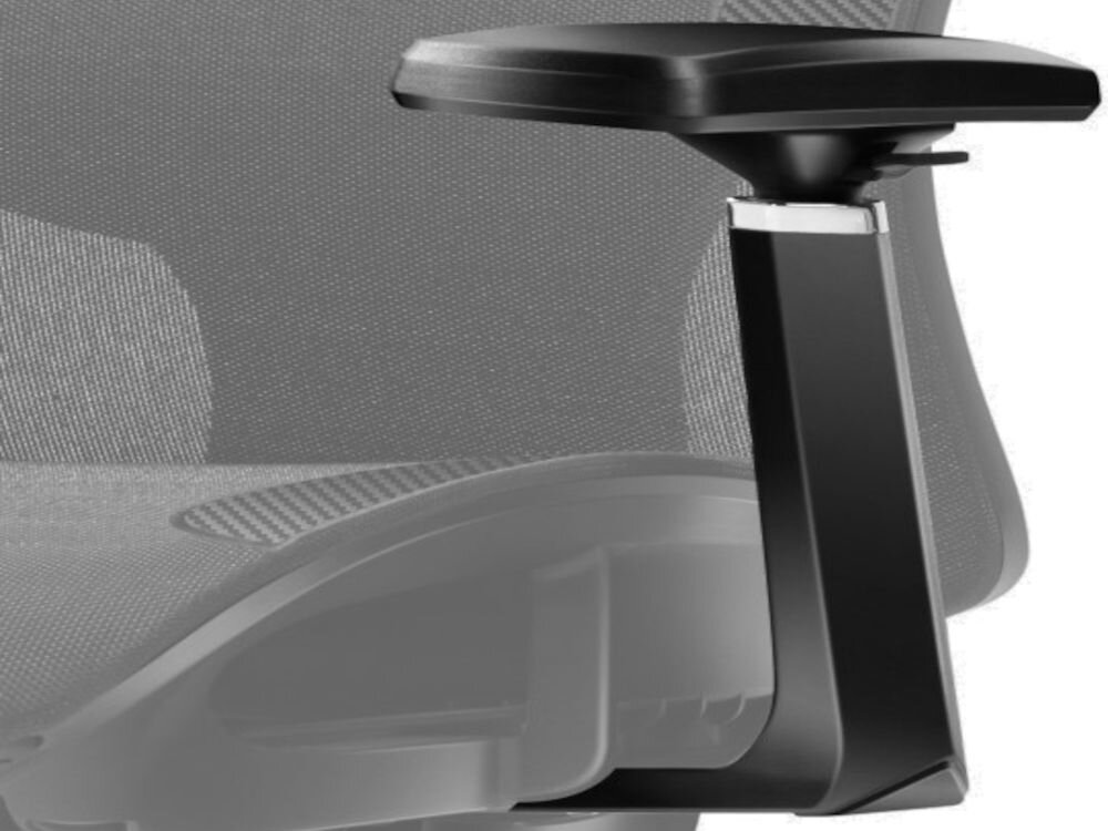 Fotel HUZARO Combat 7.3 Czarny prezentacja podłokietnika na białym tle ergonomiczne podłokietniki dostosowanie w trzech płaszczyznach wysokość kąt położenie przód–tył dopasowanie do konkretnej pozycji