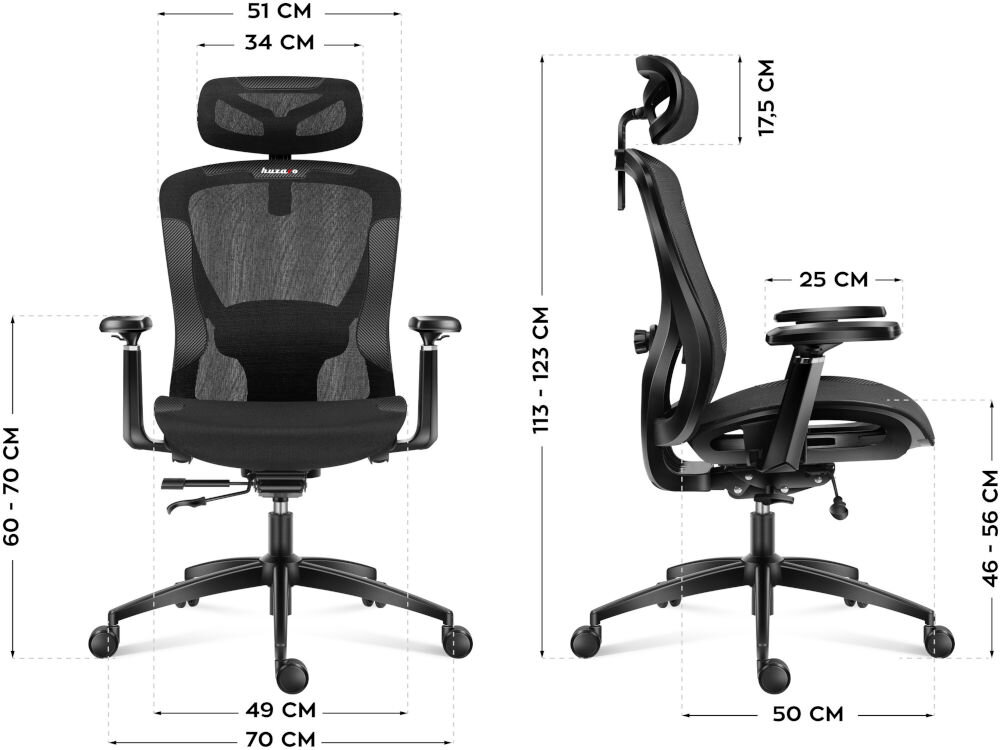 Fotel HUZARO Combat 7.3 Czarny prezentacja wymiarów fotela od przodu i od boku na białym tle wysokość siedziska od 46 do 56 cm ogólna wysokość zakres 113-123 cm siedzisko 49 cm szerokości 50 cm głębokości odpowiednie podparcie ciała komfort