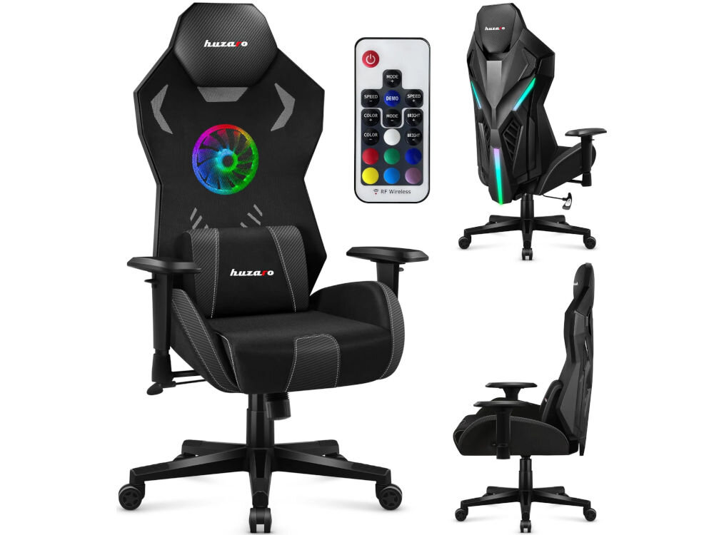 Fotel HUZARO Combat 7.6 RGB Czarny prezentacja fotela na białym tle od tyłu przodu i boku oraz pilota gamingowy dynamiczne oświetlenie LED RGB 6 jednolitych kolorów 358 efektów świetlnych sterowanie za pomocą pilota błyskawiczna zmiana ustawień