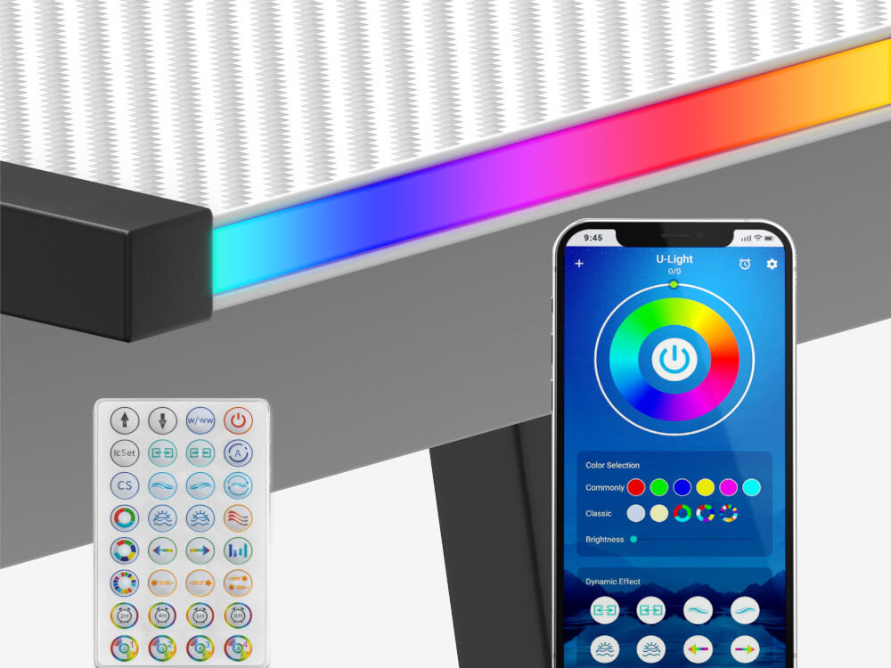 Biurko gamingowe HUZARO Hero 6.0 RGB Biały prezentacja aplikacji mobilnej i pilota bezprzewodowego na tle biurka i paska RGB zasięg do 8 metrów dostosuj intensywność kolor tryb i tempo animacji
