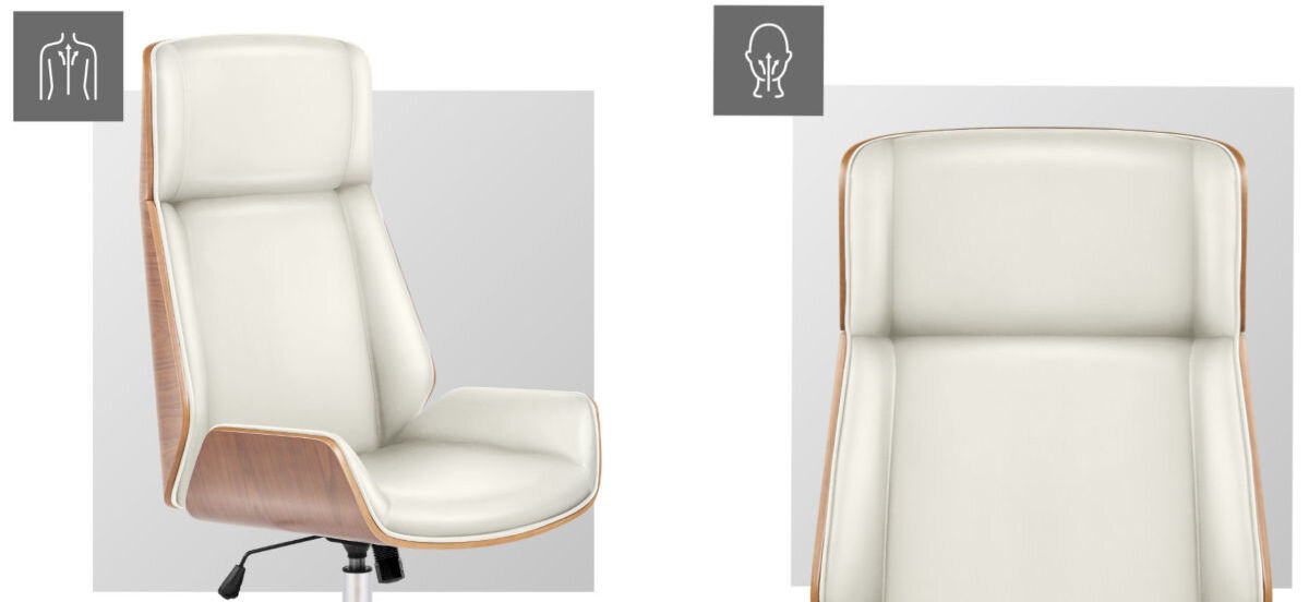 Fotel MARK ADLER Boss 8.0 Beżowy, estetyka, funkcjonalność, wyprofilowany, postawa, na białym tle logotypy karku i kręgosłupa wraz z fotelem fronrem na wprost i lewo skos