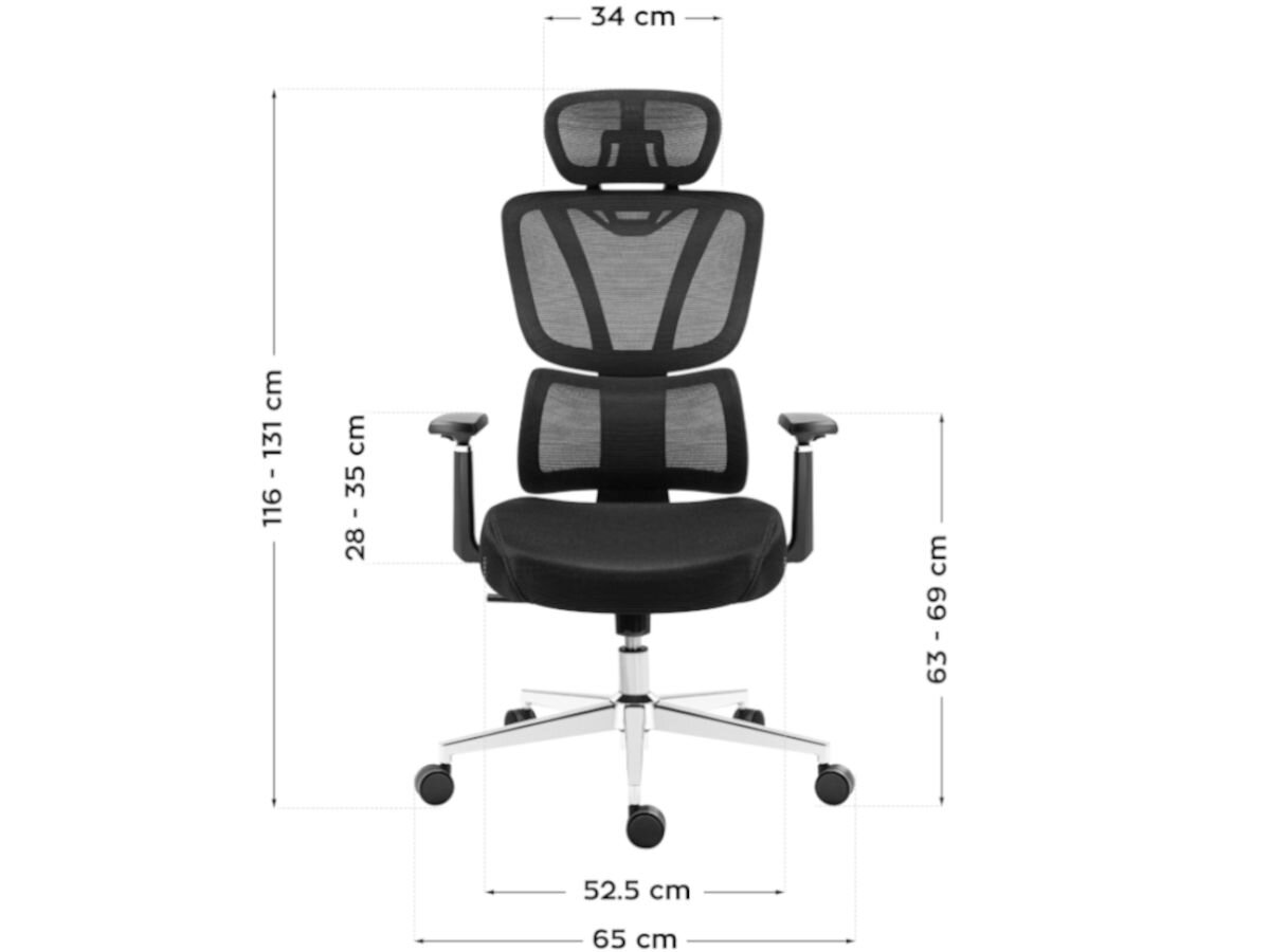 Fotel MARK ADLER Expert 4.6 Czarny, waga, trwały, materiały, mechanizmy, na białym tle fotel frontem na wprost wraz z wizualizacją wymiarów