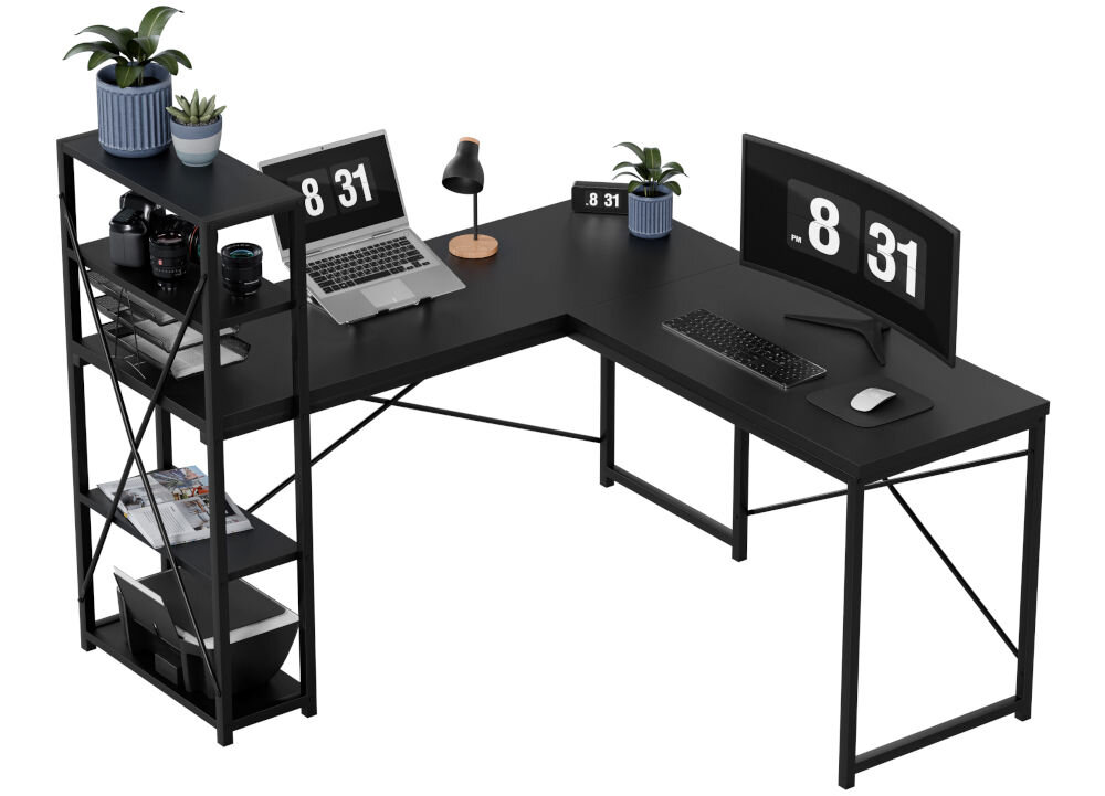 Biurko MARK ADLER Leader 5.9 Czarny prezentacja biurka od przodu pod kątem na białym tle na biurku laptop z myszką i monitor lampka na półkach rośliny akcesoria drukarka styl industrialny biurko w stylu loftowym industrialnym vintage stalowy malowany proszkowo stelaż elegancki funkcjonalny design wysoka jakość wykonania