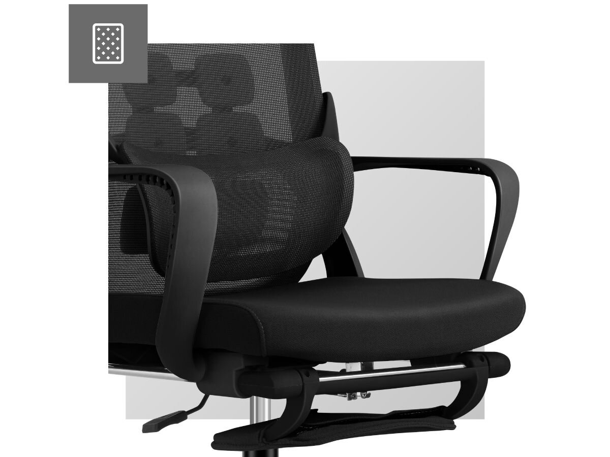 Fotel MARK ADLER Manager 3.6 Czarny, dopasowanie, potrzeby, regulowany, zagłówek, na białym tle zbliżenie na siedzisko i zagłówek fotela
